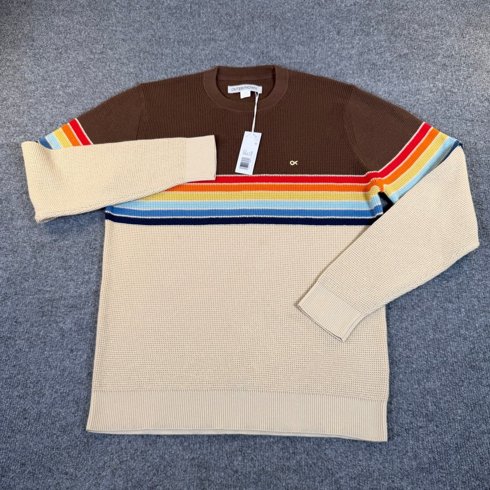 Outerknown Hightide Crewneck Sweater Mens Brown Stripe Waffle Knit M NEW 1410079 - Picture 2 of 8